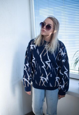 VINTAGE 90'S BLUE PATTERNED KNITTED JUMPER