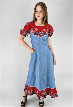 70's Vintage Blue Cotton Red Print Short Sleeve Midi Dress