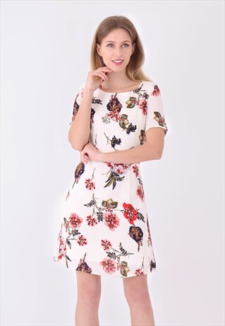 MULTI COLOR CREW NECK LACE TRIM MINI DRESS