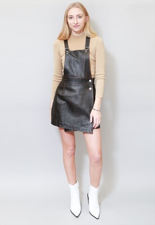 VINTAGE 1980'S BROWN SOFT LEATHER PINAFORE MINI DRESS