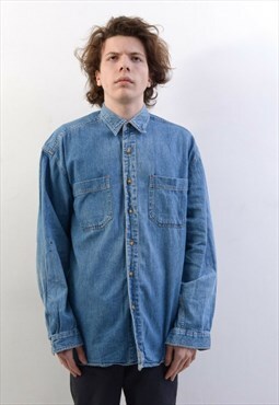 MCORVIS Vintage Men's L Casual Shirt Denim Button Up Long