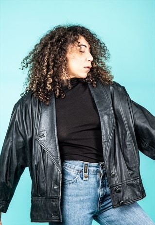 VINTAGE LEATHER BOMBER JACKET IN BLACK