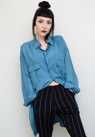 VINTAGE 90'S GENUINE SILK PEACOCK BLUE OVERSIZED SHIRT