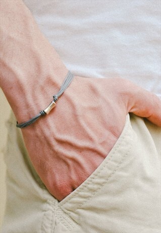 MEN'S BRACELET, SILVER TUBE BEAD AND GRAY CORD, FOR MEN