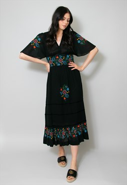 70's Vintage Ladies Black Floral Short Sleeve Midi Dress 