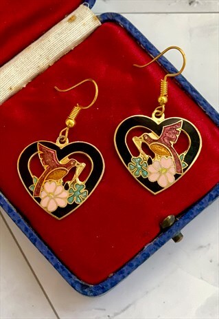 80S HEART WITH BIRD CLOISONNE EARRINGS VINTAGE JEWELLERY