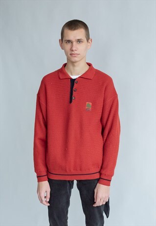 VINTAGE 80S RED POLO NECK JUMPER IN RED