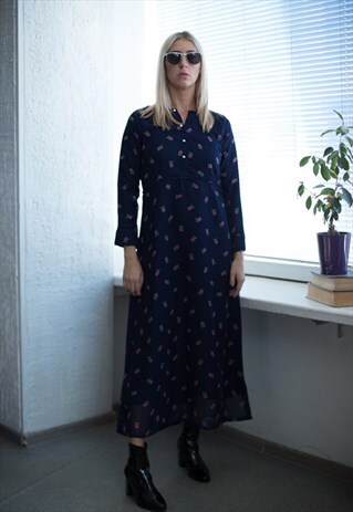 VINTAGE NAVY FLOWERS PATTERNED MAXI DOUBLE LAYER DRESS