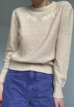 Cream Knitted Vintage Embroidery Pullover