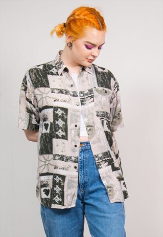 VINTAGE 90'S GREY ELEPHANT PRINT SHORT SLEEVE SHIRT