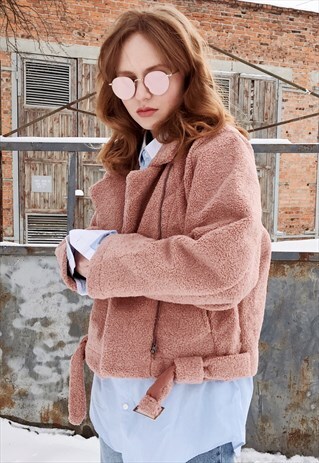 DUSKY PINK BORG BIKER JACKET