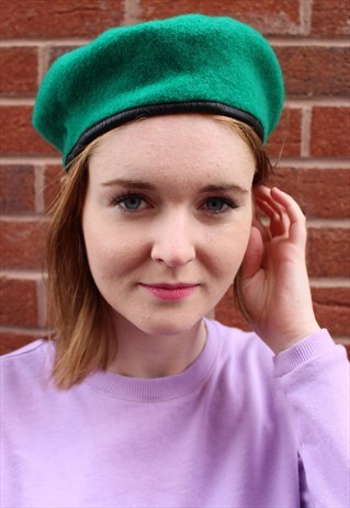 VINTAGE 90'S FEZKO TEAL GREEN & BLACK MILITARY WOOL BERET