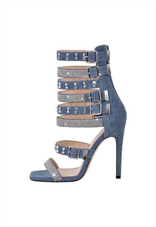 Denim Hollow Rivet Buckle Strap Bootie Sandals