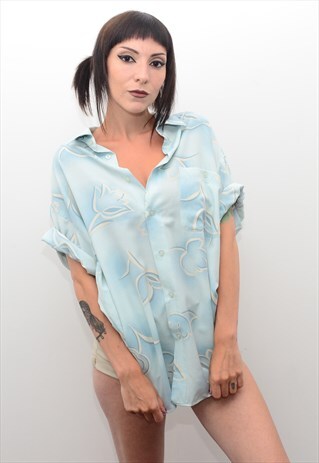 VINTAGE 90'S PALE BLUE FLORAL PATTERNED SUMMER SHIRT