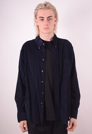 MENS VINTAGE CORDUROY SHIRT LARGE NAVY BLUE 90S