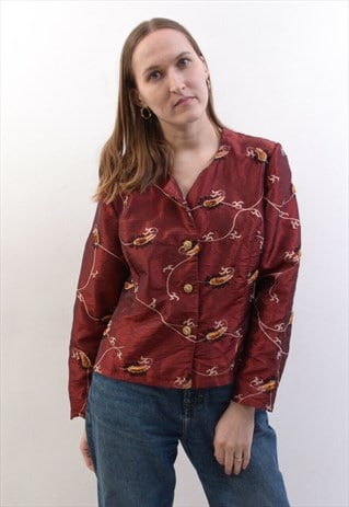 VINTAGE WOMEN'S L 80'S EMBROIDERED LEAVES SHIMMER BUTTON UP