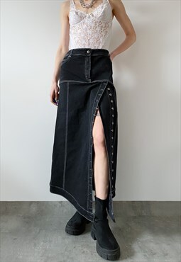 Preloved Y2K 00s style maxi denim skirt in  black
