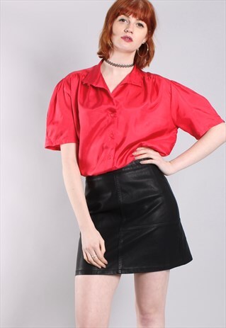 VINTAGE 80S RED SATIN PUFF SLEEVE BLOUSE