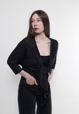 Vintage 90s black shiny blouse, cocktail blouse sheer 