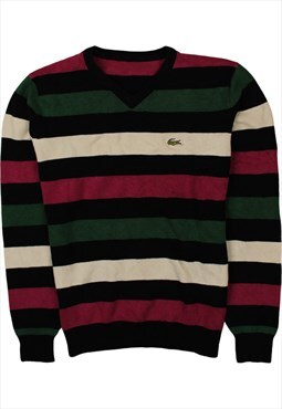 Vintage 90's Lacoste Sweatshirt Striped V Neck Black Medium