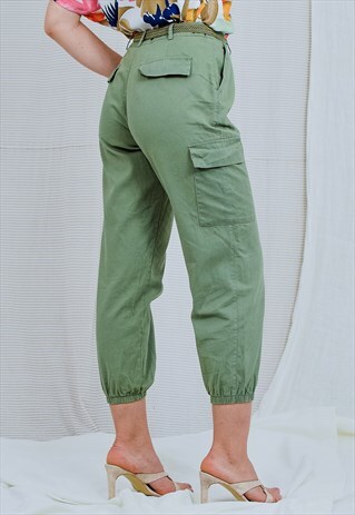 MILITARY PANTS VINTAGE GREEN CARGO JEANS TROUSERS CAPRI