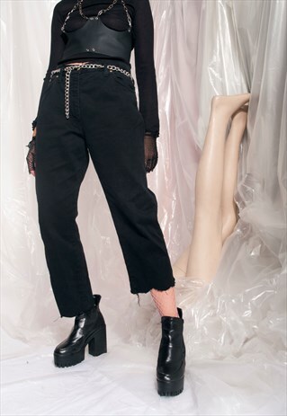 VINTAGE CROP JEANS 90S REWORKED SHREDDED HEM DENIM TROUSERS