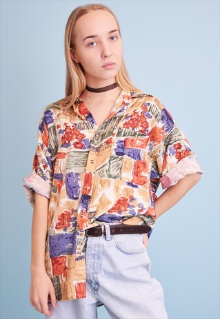 90'S RETRO ABSTRACT PRINT OVERSIZED SHIRT BLOUSE TOP