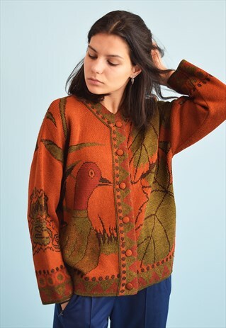 70'S RETRO BIRD PRINT JAZZY KNIT CARDIGAN