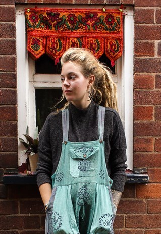 FAIRTRADE TEAL GREEN PATCHWORK HIPPIE DUNGAREES