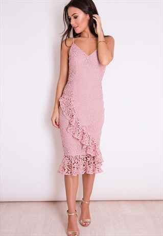 HATTIE LACE STRAPPY FRILL MIDI DRESS MAUVE