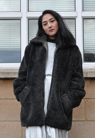 VTG 90S CHARCOAL GREY FLEECE TEDDY BORG HARRINGTON JACKET
