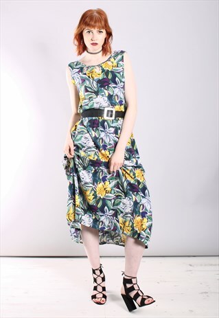 VINTAGE 80S FLORAL CUT OUT CROSS BACK MIDI DRESS