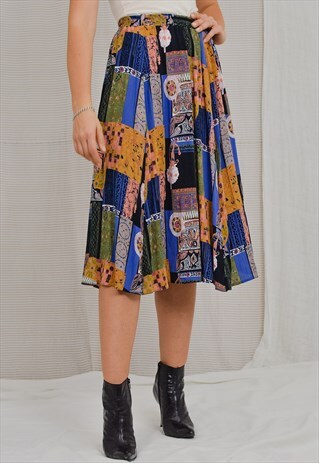 RETRO SKIRT VINTAGE PRINTED MULTI COLOUR PLEATED ONE SIZE