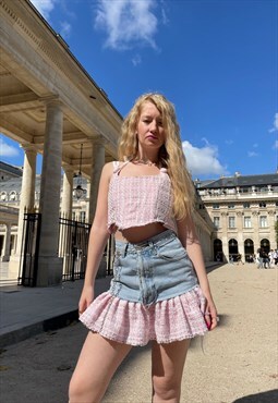 Bowsdontcry upcycled mini denim skirt with pink tweed