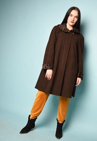 80'S RETRO SWING FAUX FUR ANIMAL PATTERN WARM BROWN MOM COAT