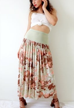Vintage Floral Maxi Skirt Boho Hippie Pastel Tie Dye Skirt