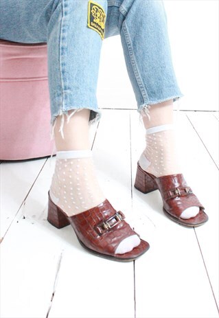 VINTAGE 70S BROWN FAUX CROC SKIN SLIP ON MULES