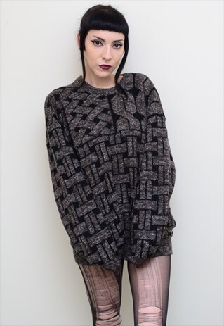 VINTAGE 90'S GRUNGE DARK PATTERNED COZY WINTER JUMPER
