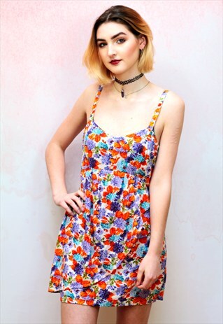 1990S VINTAGE ORANGE FLORAL PRINT CAMI WRAP DRESS