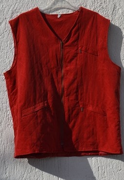 Vintage terracotta red corduroy oversized long quilted vest 