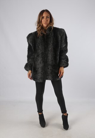 VINTAGE FAUX FUR COAT JACKET SHORT MID UK L 14 (C9BK)