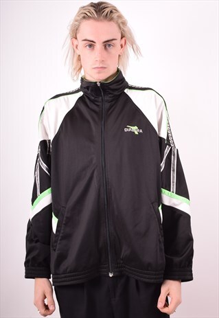 DIADORA MENS VINTAGE TRACKSUIT TOP JACKET LARGE BLACK 90S