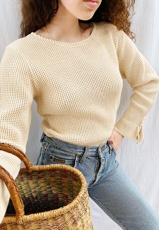 VINTAGE 80S CREAM BOHEME RIBBED KNIT NEUTRAL JUMPER SWEATER