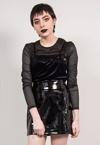 VINTAGE 90'S BLACK VELVET SEQUIN SPAGHETTI STRAP VEST TOP