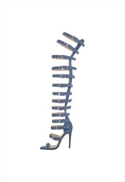 Denim Hollow Buckle Starp Thigh Stiletto Bootie Sandals