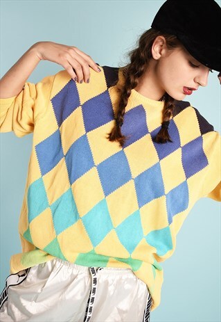 80'S RETRO ARGYLE PATTERN KNIT JUMPER