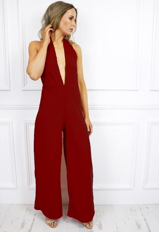 HALTERNECK LOW V PLUNGE BACKLESS PALAZZO PANT JUMPSUIT