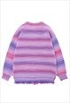 HORIZONTAL STRIPE CARDIGAN KNITTED JUMPER FLUFFY RIPPED TOP