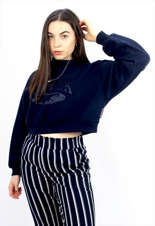 90'S RETRO NAVY CROPPED EMBROIDERED SWEATSHIRT
