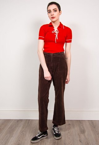 VINTAGE 70'S DARK BROWN HIGH WAIST KICK FLARE CORD TROUSERS